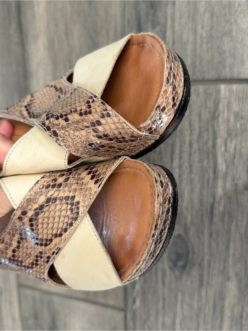 MIA Sheridan leather Tan Snake-Print & Cream Crossover Slide Sandals